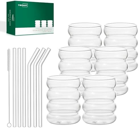 Lot de 6 verres à boire nervurés avec pailles en verre de 388,5 g...