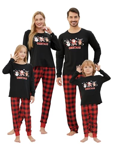 MyFav Matching Family Pyjamas Sets Christmas PJ's Sleepwear Long Sleeve Cute Print Top with Plaid Pants Nightwear,Black Plaid,Kids,8Y