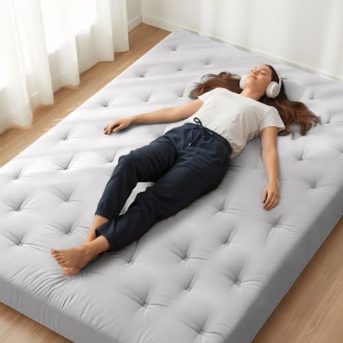 Image of ZonLi Japanese Floor Futon Mattress King Size 76 inchx80 inch100% Cotton Cover 6'' Thicken Tatami Mattress,Foldable Sleeping Pad,Portable Dormitory Tatami Mat,Roll Up Floor Lounger Bed for Adult (Light Grey)