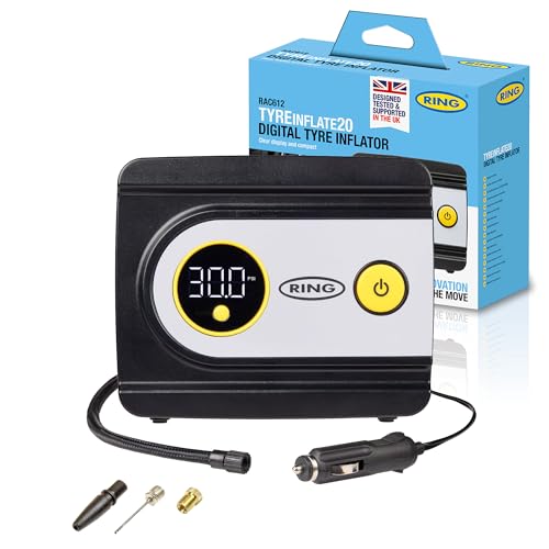 Ring TYREINFLATE 20 - Inflador Digital de neumáticos con Tres adaptadores, Medidas en PSI, Bar y kPA