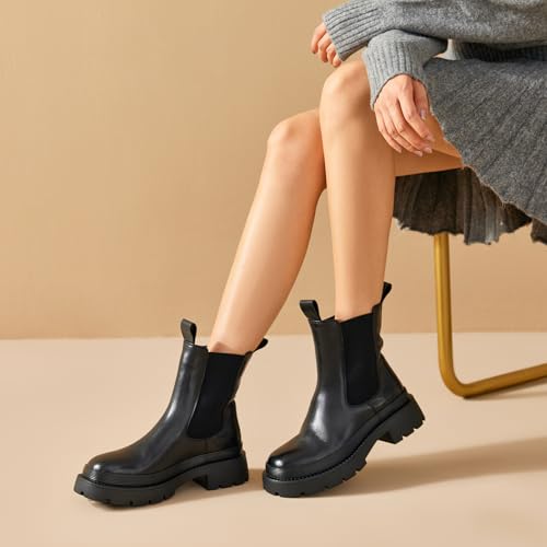 BEAU TODAY Chelsea Boots for Women, Chunky Platform Leather Chelsea Boots Womens Ankle Boots Round Toe Winter Dress Fashion Booties2