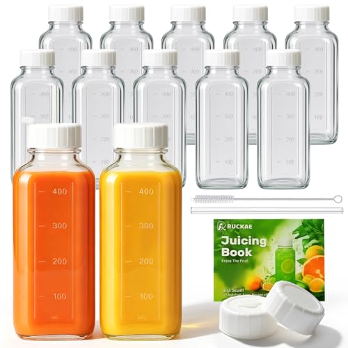 Image of Ruckae 16oz 12 Pack Glass Juice Bottles with Lids - Reusable Square Glass Juice Bottles with Leak-Proof Lid & Capacity Marks for Containers Juice,Milk,Smoothies