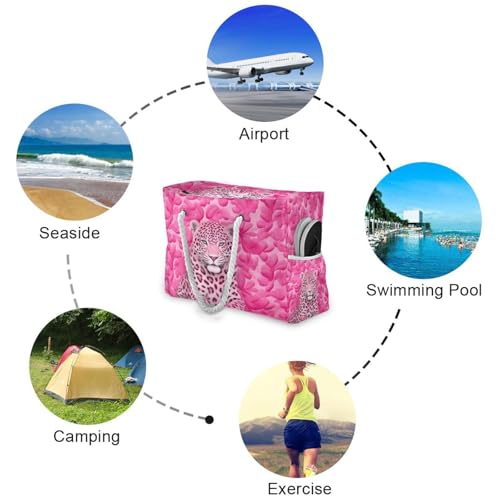 Leopard Pink Beach Bag & Travel Tote Bag Large Sandproof with Zipper Closure, Wet Pouch for Swim Gym Travel, Lightweight Foldable Outdoor Bag4
