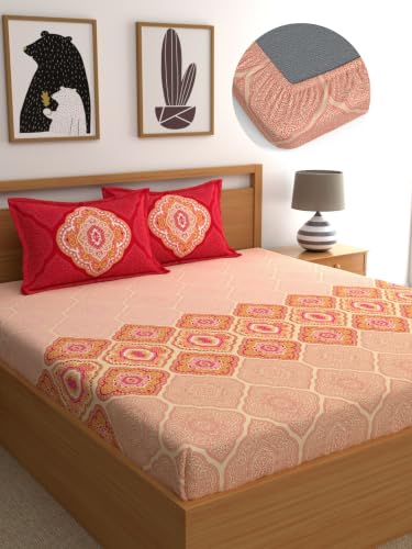 Image of Dreamscape 100% Cotton Fitted Queen Bedsheets with 2 Pillow Covers Cotton (Size 60 x 78 inches, 140TC, Colour Pink)