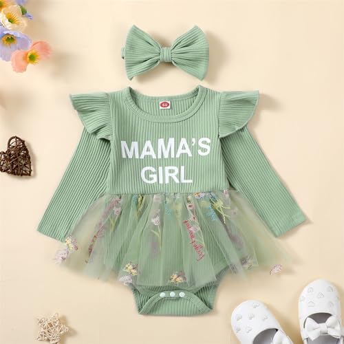 Baby Girl Fall Clothes Cute Long Sleeve Mesh Tutu Romper Dress Infant Newborn Dress (MAMA'S GIRL-Green, 6-12 Months)2