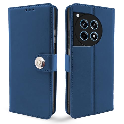 Image of Pikkme OnePlus 12R 5G Flip Cover Leather Finish | Inside TPU with Card Pockets | Wallet Stand and Shock Proof | Complete Protection Button Flip Case (Blue)