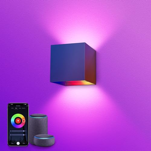 SNADER Smart WiFi LED Wandlampe Innen/Außen,6W-RGB Farbwechsel,steuerbar per App/Sprachsteuerung,einstellbarer Abstrahlwinkel-Wandleuchte Perfekt für Innen-und Außenbereiche Wohnzimmer,Garten (1)