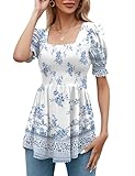 LOMON Womens Tops Casual 2025 Floral Puff Short Sleeve Maternity Shirts Empire Waist Tunic Top Babydoll Peplum Blouses, M