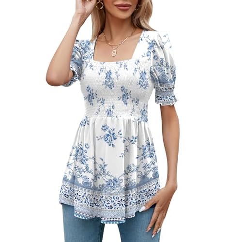 LOMON Women's Tunics Square Neck Puff Short Sleeve Smocked Top Ladies Peplum Blouse Tee Shirts 2025 Spring Summer S-XL Retro White Blue Floral Large