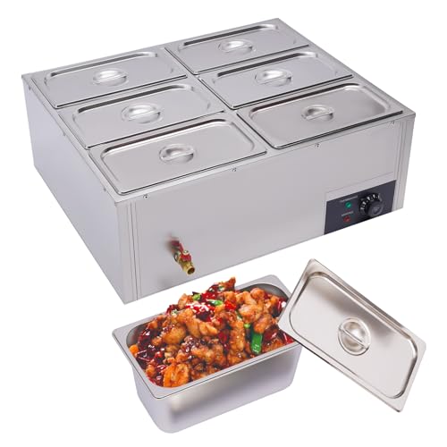 Bain Marie Electric Food Warmer, 850W 6-Pan Commercial Countertop Steamer Stainless Steel Bain Marie Steam Table Steamer for Catering and Restaurants US Stock (6-pan)