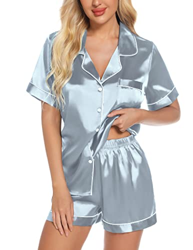 Womens Pajamas Set Two Piece Pjs Sets Classic Short Soft Sleepwear Bride Pjs Set With Pockets Light Blue,Medium #TOP2