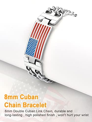U7 4Th Of July Jewelry Patriotic Bracelet Stainless Steel 8Mm Double Layer Cuban Link Chain With American Flag Bar Bracelet, 7.5"(19Cm) #TOP7