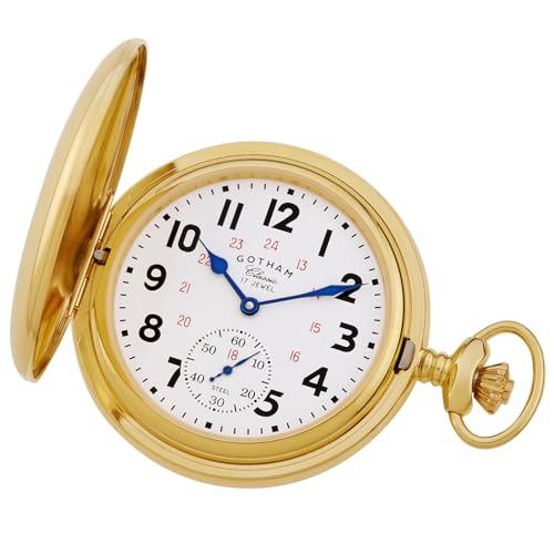 Image of Gotham Men's Classic Gold-Tone Polished Case Double Hunter 17 Jewel Mechanical Pocket Watch # GWC18807G