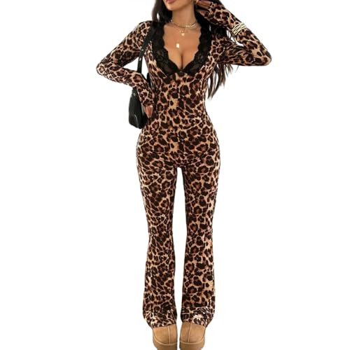 Image of BIUPOS Women's Sexy Leopard Print Jumpsuit Lace V Neck Long Sleeve One Piece Outfits Y2K Bodycon Cheetah Rompers Club Wear