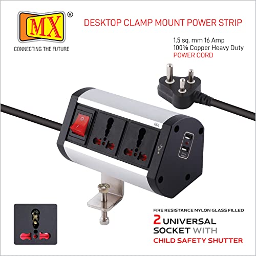 Image of MX Premium Power Console 16A - 6 Universal Sockets with 2 USB Charging Ports, Removable Desk Clamp Power Strip with Master Switch, 1.5m Cord, Overload Protection for Home & Office