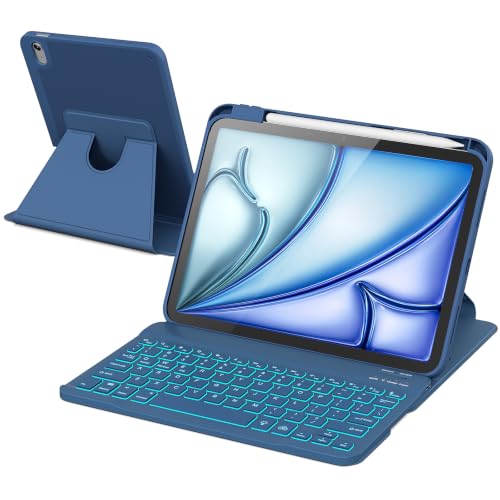 Image of RAYMCRAFT for iPad Air 11-inch Case with Keyboard M4 /M3 /M2 (2026 /2025 /2024) | 360 Rotatable Case & Detachable Wireless Keyboard for iPad Air 5 /4th, 7-Color Backlit, Precision Cutouts, Pen Holder, Blue