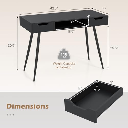 Image of Tangkula Mid Century Modern Computer Desk, Writing Desk with 2 Drawers & Open Center Storage, Small Wooden Study Table for Home Office & Compact Spaces (Black)