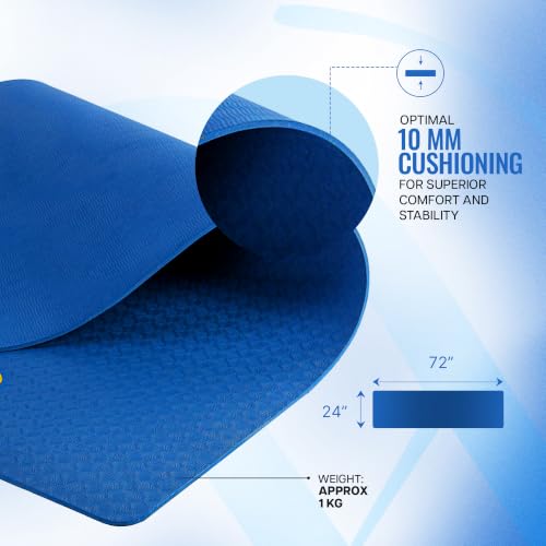 Image of WiseLife Classic Eco-TPE 10 MM Yoga Mat with Yoga Strap for Men & Women | Extra Thick, Long & Wide Non-Slip, Anti-Tear Exercise Mat for Home, Gym, Workout, Fitness, Yoga & Pilates (Navy Blue)