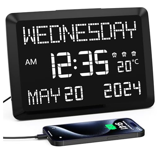11.5” Digital Wall Clock for Living Room,Impaired Vision Large Calendar Day Alarm Clock with 3 Alarms,Date,Temperature,5 Dimmer,2 USB Chargers,Battery Backup for Bedroom,Dementia,Elderly,Memory Loss