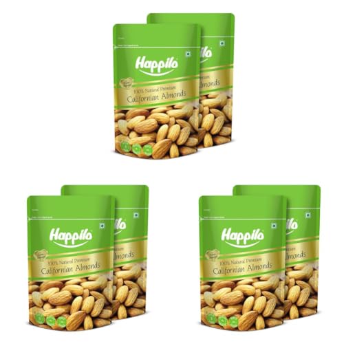 Image of Happilo Premium Natural Californian Almonds 200g (Pack of 6) | Badam Giri, Healthy Snacks, Dry Fruits | Crunchy Nuts | High in Fiber | Rich in Protein | Magnesium | Phosphorus | Zero Cholesterol