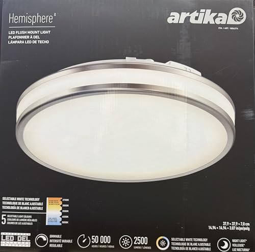 artika Hemisphere LED Flush Mount Ceiling Light 14.94 x 14.94 x 3.07 Inches Dimmable 2500 Lumens 5 Selectable Light Colors.