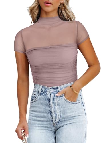 Image of REORIA Women's Sexy Mock Turtle Neck Short Sleeve Shirts Sheer Mesh Ruched Trendy Going Out Bodysuits Tops
