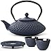 Produktbild Teekanne asiatisch Gusseisen Set blau 1.25 Liter mit Edelstahl Tee-Filter-Sieb-Einsatz für losen Tee mit Stövchen und Teebecher (2 Tassen) blau