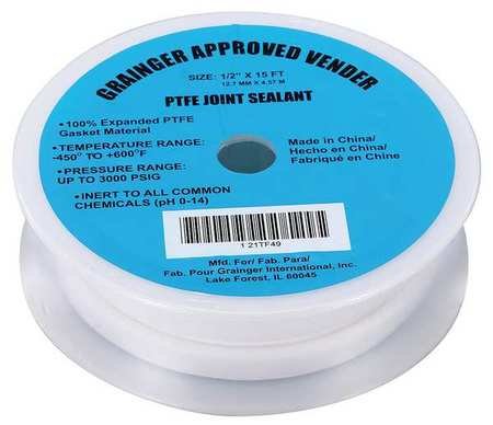 PTFE, 180 in Length,Joint Sealant Tape, 1/2 in Width, White Color,2040999095