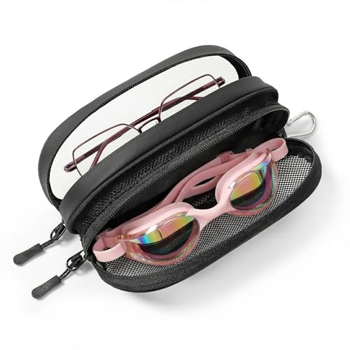 WOMACO Swim Goggles Case Double Wet Dry Storage Pouch for 2 Pairs Mesh Drain Pocket and Waterproof PVC Pocket Carabiner Clip for Backpack Fits Eyeglasses Cap and Small Accessories (Black Medium)