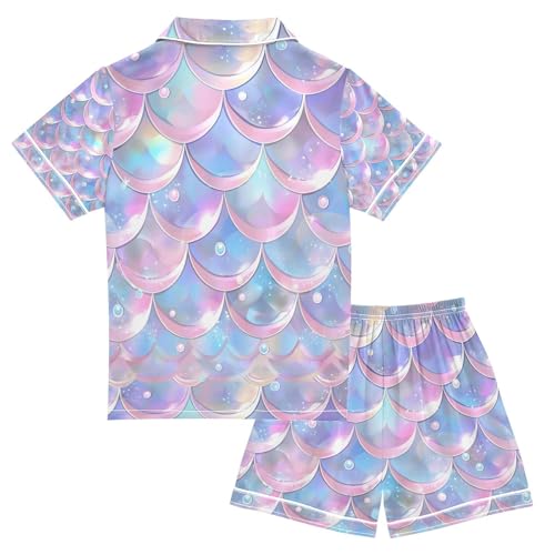 senya Purple and Blue Mermaid Scales Satin Summer Pajama Sets Silk Short Sleeve Button Down Sleepwear2