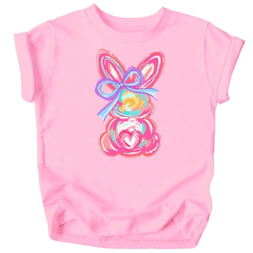 Colorful Painted Easter Bunny & Bow Shirt for Girls Spring Coquette Tee for Kids