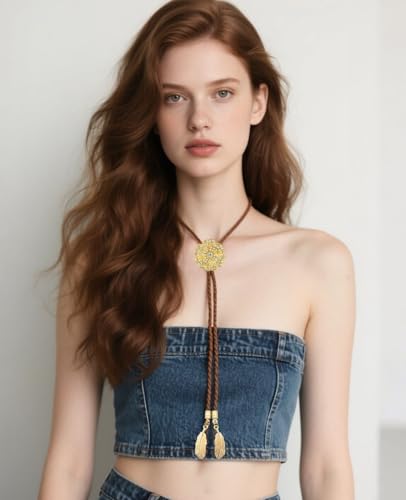 Image of PEARLY JUN Bolo Tie for Men Women Rhinestone Bling Western Cowboy Brown Leather Country Style String Wear Shirt Vest