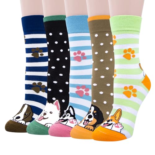 Chalier Cozy 5 Paar Damen Socken Niedliche Katzen Hunde Tiere Lustige Geschenk für Frauen Baumwollsocken Einheitsgröße(A4-Mix Hunde)