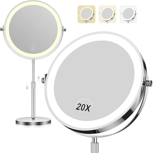Dienmern Makeup Mirror with Lights, 1X/20X Double-Sided Magnifying Vanity Mirror, 360° Rotation, 5000mAh Rechargeable Adjustable Brightness with 3 Colors for Dorm, Living Room, Women Gift