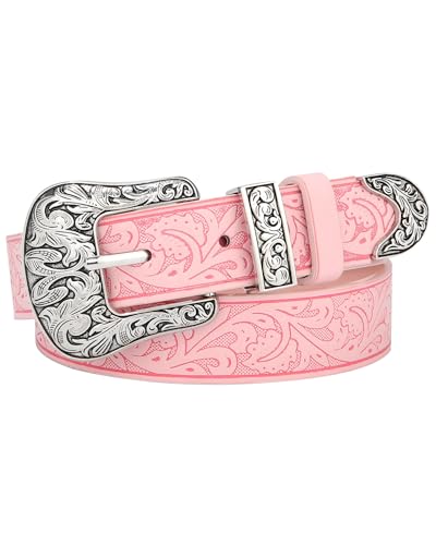 AWAYTR Kids Western Belt for Girls - Vintage Cowgirl Leather Belt for Jeans Dresses, Pink, Fit Waist 16-20in