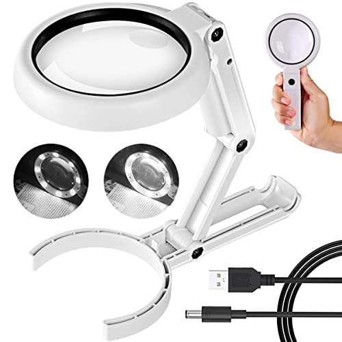 30X 10X Magnifying Glass with Light and Stand, Foldable Handheld Magnifying Glass & 2 Level Dimmable for Close Work, Macular Degeneration, Seniors Reading, Powered by Battery or USB