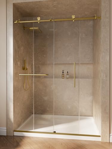 Frameless Shower Door 56-60 W x 76 H Sliding Shower Door 1/4 SGCC Tempered Clear Glass with Explosion-Proof Film & Nano Coating Shower Doors for Walk-in Shower Stainless Steel Brushed Gold B