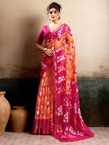 Image of AKHILAM Women's Cotton Printed Saree With Unstitched Blouse Piece