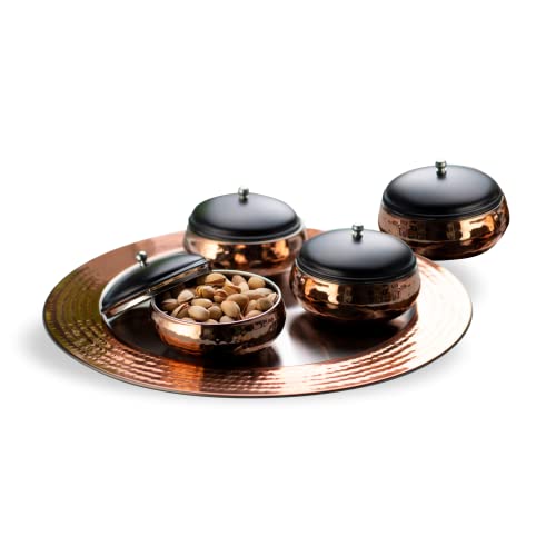 Steelcraft Premium Stainless Steel Steel Snack Set of 5 Pcs (1 Serving Tray, 4 Bowls with lid (290 ml) per Bowl with Outside Rose Gold Colour Coating)