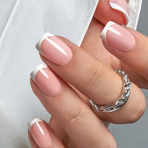 Image of Curvlife Short Square French Press on Nails Soft Gel Fake Nails with Design Full Cover False Nails for Women Reusable Nail Kit