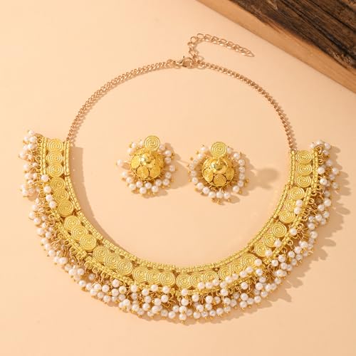 Jhumka-Necklace-Indian-Jewelry-Sets for Women Kundan-Earrings-Oxidized-Choker-Pearl-Chain-Gold-Wedding-Jewelry-Sets for Brides2