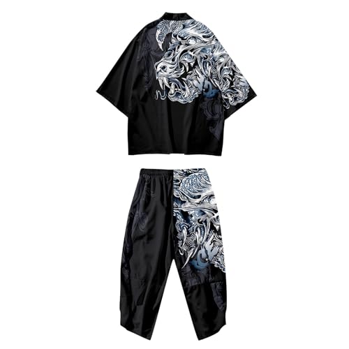 Bauzuoyo Kimono Set Hombre Japonés Multicolor Estampado Suelto Cardigan Verano Manga 3/4 Kimono Manga Corta Funky Colorido Estampado Nacional Japonés Albornoces Estilo Chino Disfraces de Carnaval, A3
