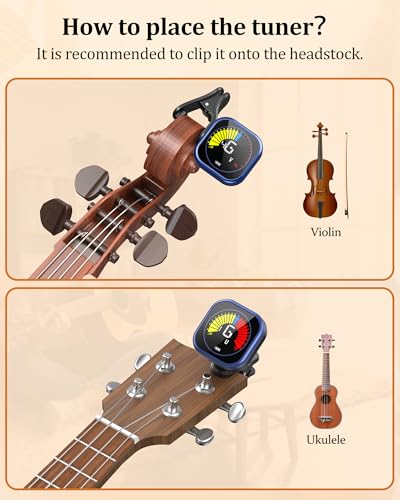 Image of New Bee Guitar Tuner Clip-On Rechargeable with Color Screen 360 Rotatable Acoustic Chromatic Open Tuning for Guitar, Bass, Ukulele, Violin (Blue, 1 Pack)