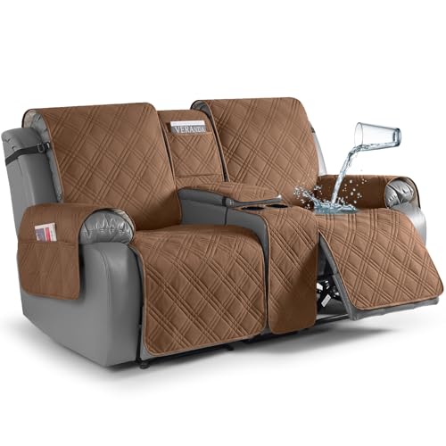 TAOCOCO Loveseat Recliner Cover with Center Console, 100% Waterproof Pet Covers for Dual Recliner with Straps Design, Split Reclining Loveseat Cover Furniture Pet&Kids Protector (2 Seater, Brown)