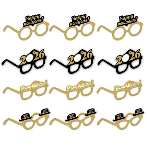 SWYOUN 2026 Glitter Card Glasses Happy New Years Eve Glasses Party Photo Prop(Pack of 12)