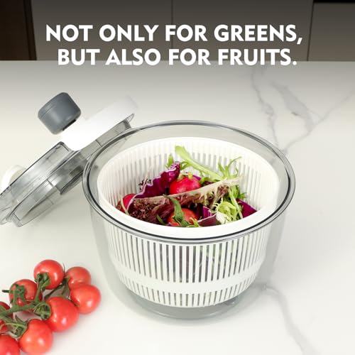 Ourokhome Salad Spinner Lettuce Dryer, Hand-crank Rotary Vegetable Dryer Veggie Washer with Transparent Bowl and Colander for Greens, Herb, Berry, Fruits, Macaroni, 2.8 QT, White - Thumbnail 3