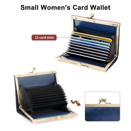 Image of GOIACII Credit Card Holder Vintage Wallet for Women Genuine Leather Ladies Card Cases with Kiss Lock Small Blue