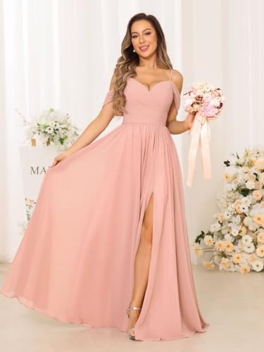 Women's Cold Shoulder Chiffon Bridesmaid Dresses with Slit Long Pleated A-line Formal Party Dress with Pockets RO0444