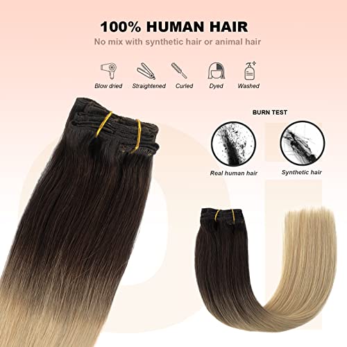 Real Hair Extensions, Oimigo Ombre Blonde Human Hair Clip In Extension Dark Brown To Bleach Blonde 7 Pieces 18 Inch 70G Invisible Clips Silky Soft Straight Remy Human Hair Clip On Extension #TOP1