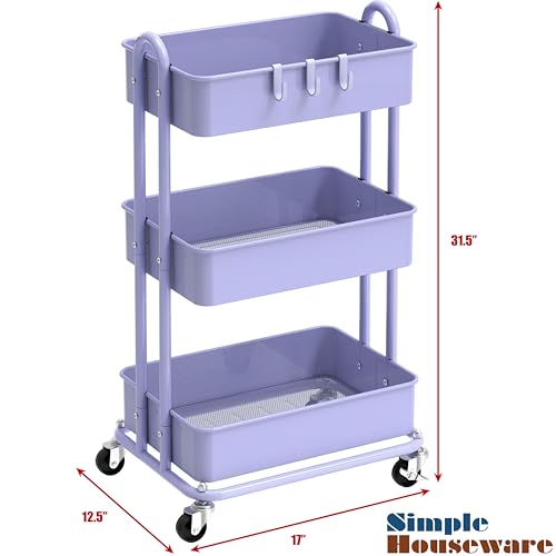 Image of Simple Houseware 3-Tier Heavy Duty Metal Utility Rolling Cart, Purple